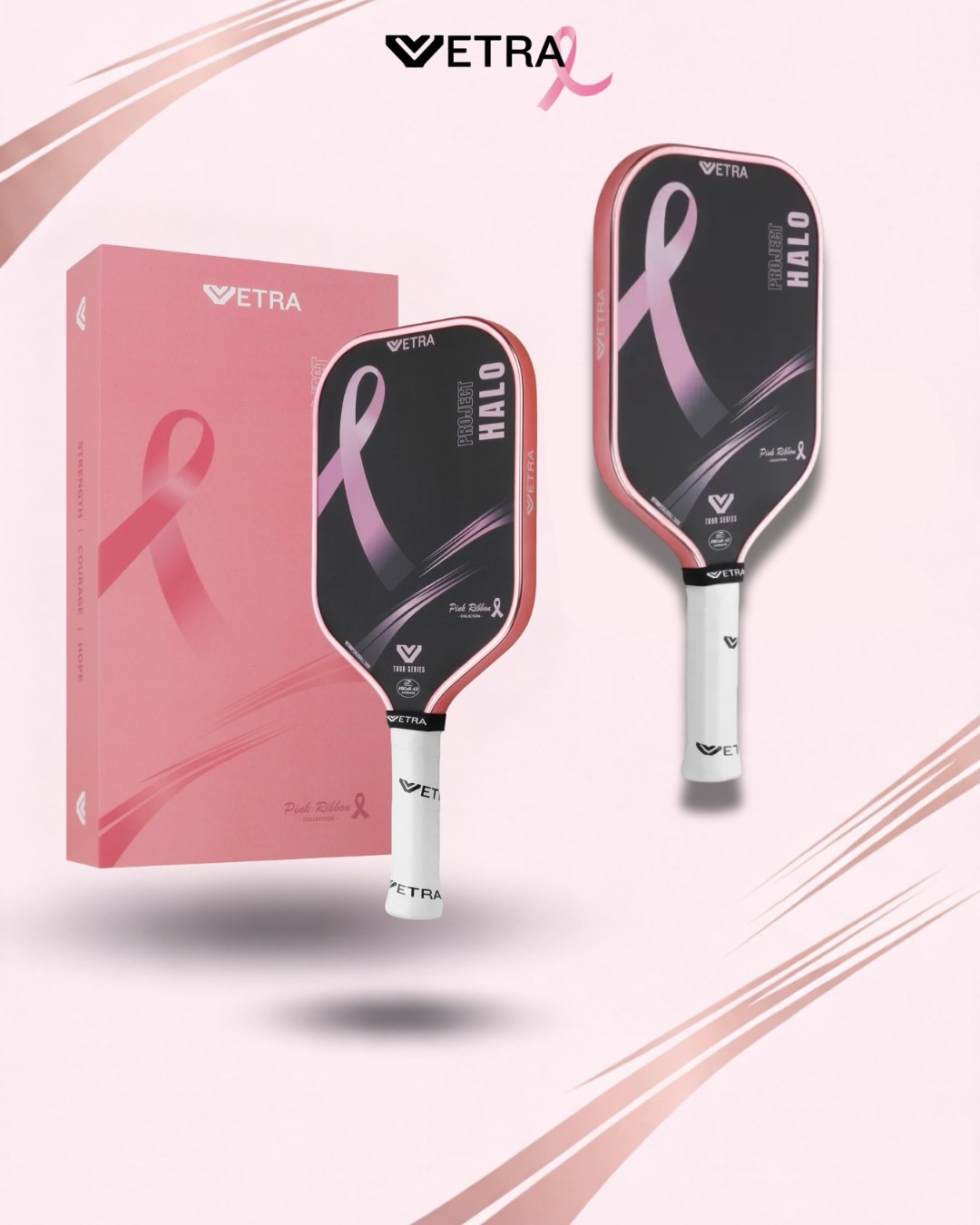 A pink Vetra gift box beside two Project Halo Pink Ribbon paddles.