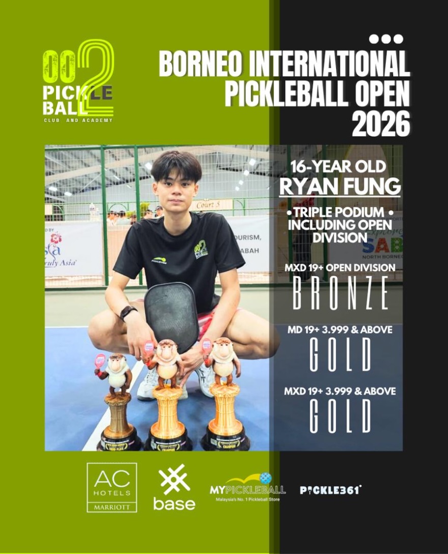 Ryan Fung crouching behind three monkey-figure trophies on a court, with a results graphic listing a bronze in Mixed Doubles 19+ Open and golds in Men's Doubles and Mixed Doubles 19+ 3.999 and above