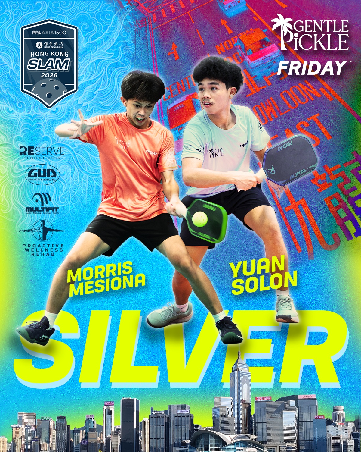 Silver medal graphic showing two junior players, Yuan Solon and Morris Mesiona, in action with the Hong Kong Slam logo and Gentle Pickle and Friday branding