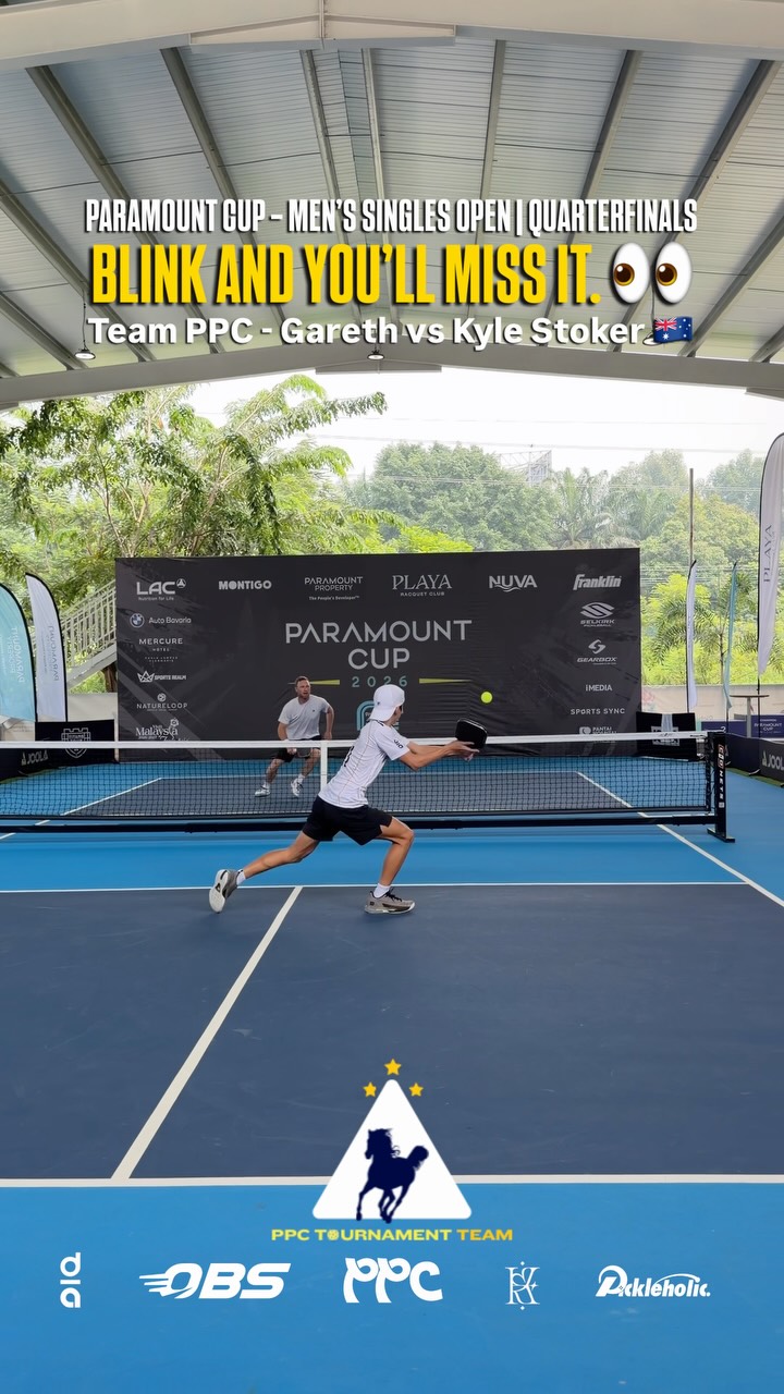 Gareth Lim and Kyle Stoker trading volleys at the net during the Paramount Cup Men's Singles Open quarterfinals