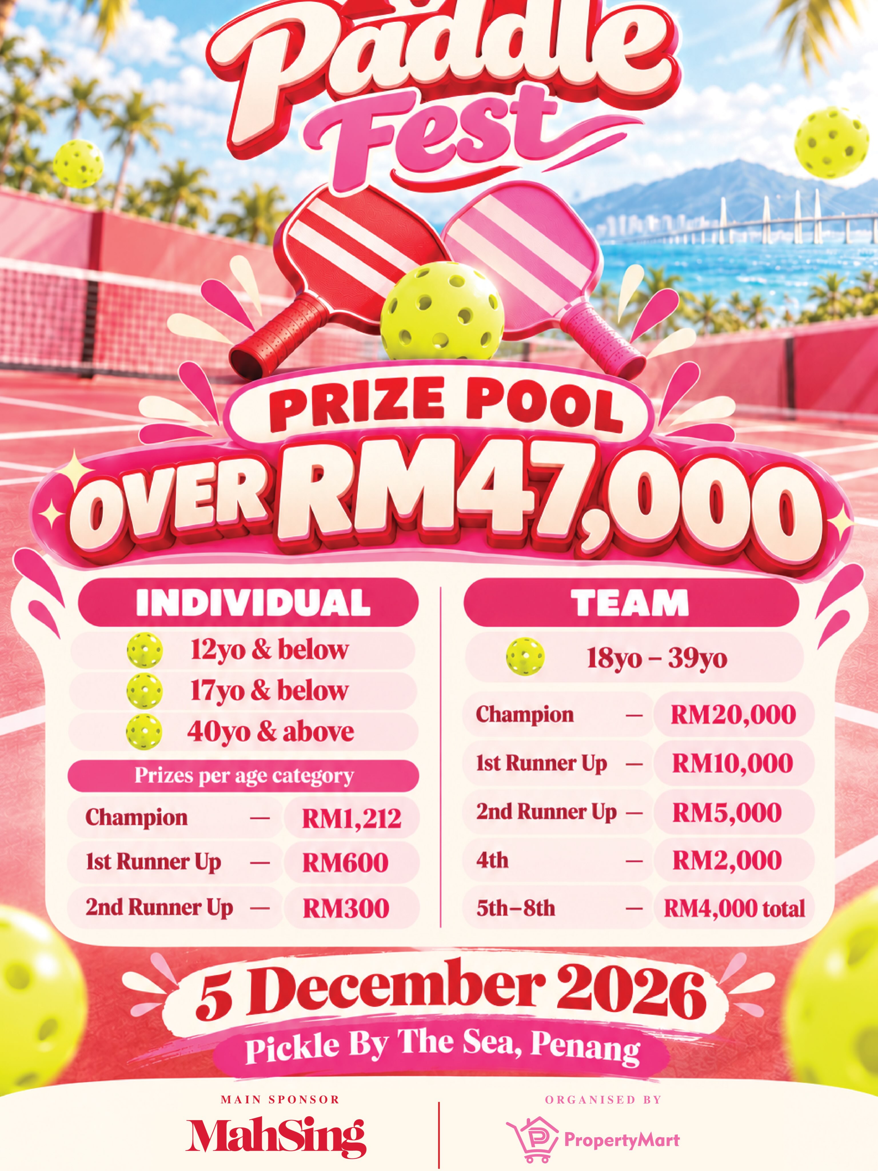 M Paddle Fest 2026 poster listing the Individual and Team prize ladders, the 5 December 2026 date and Pickle By The Sea, Penang