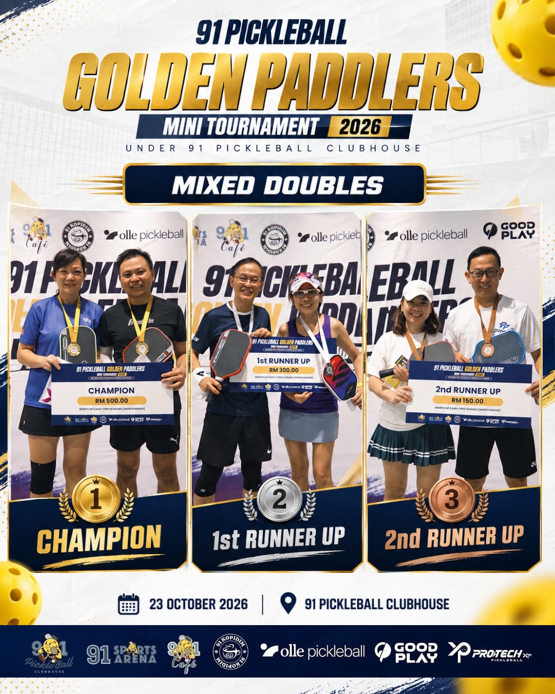 Three mixed doubles pairs holding medals and prize cheques on the Golden Paddlers results graphic