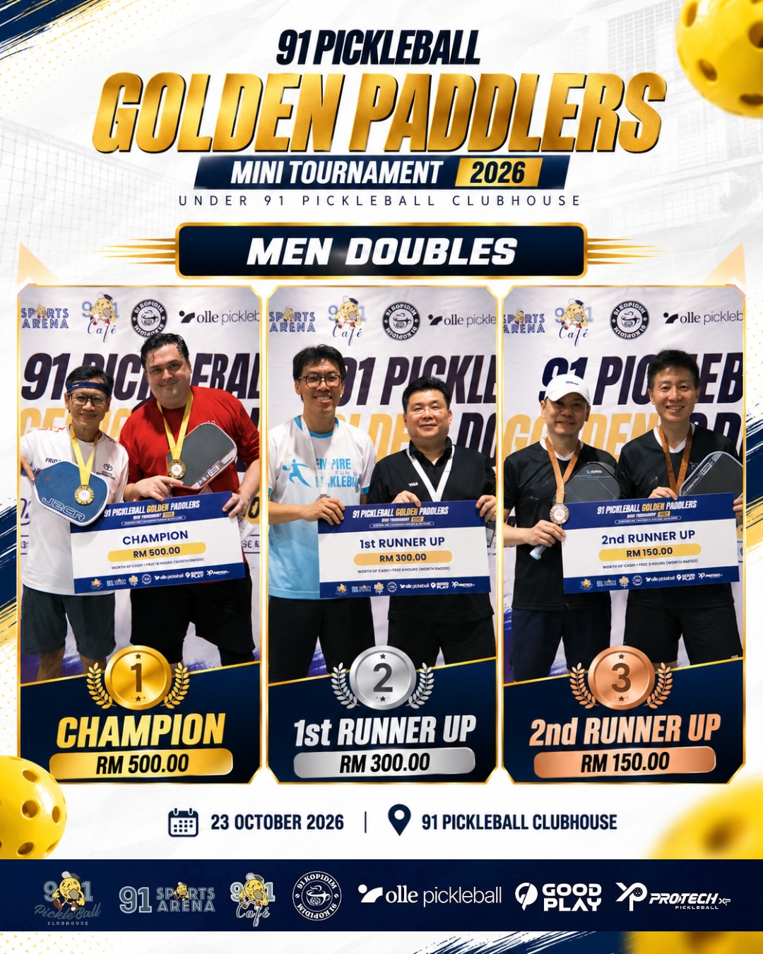 Three men's doubles pairs holding medals and prize cheques on the Golden Paddlers results graphic