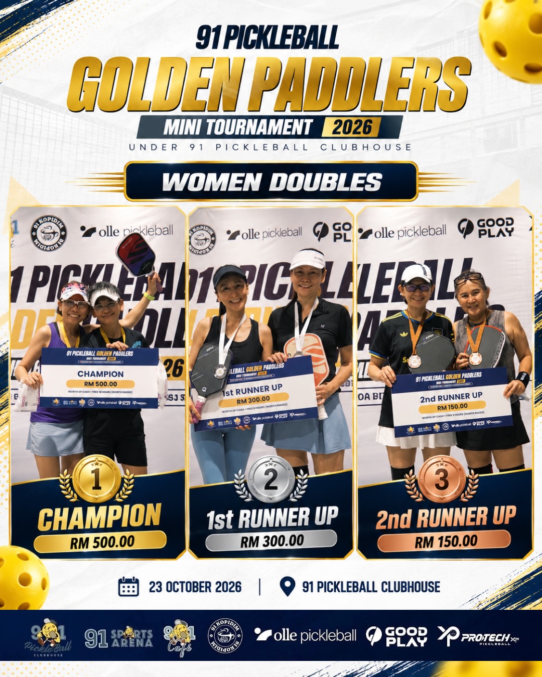 Three women's doubles pairs holding medals and prize cheques on the Golden Paddlers results graphic
