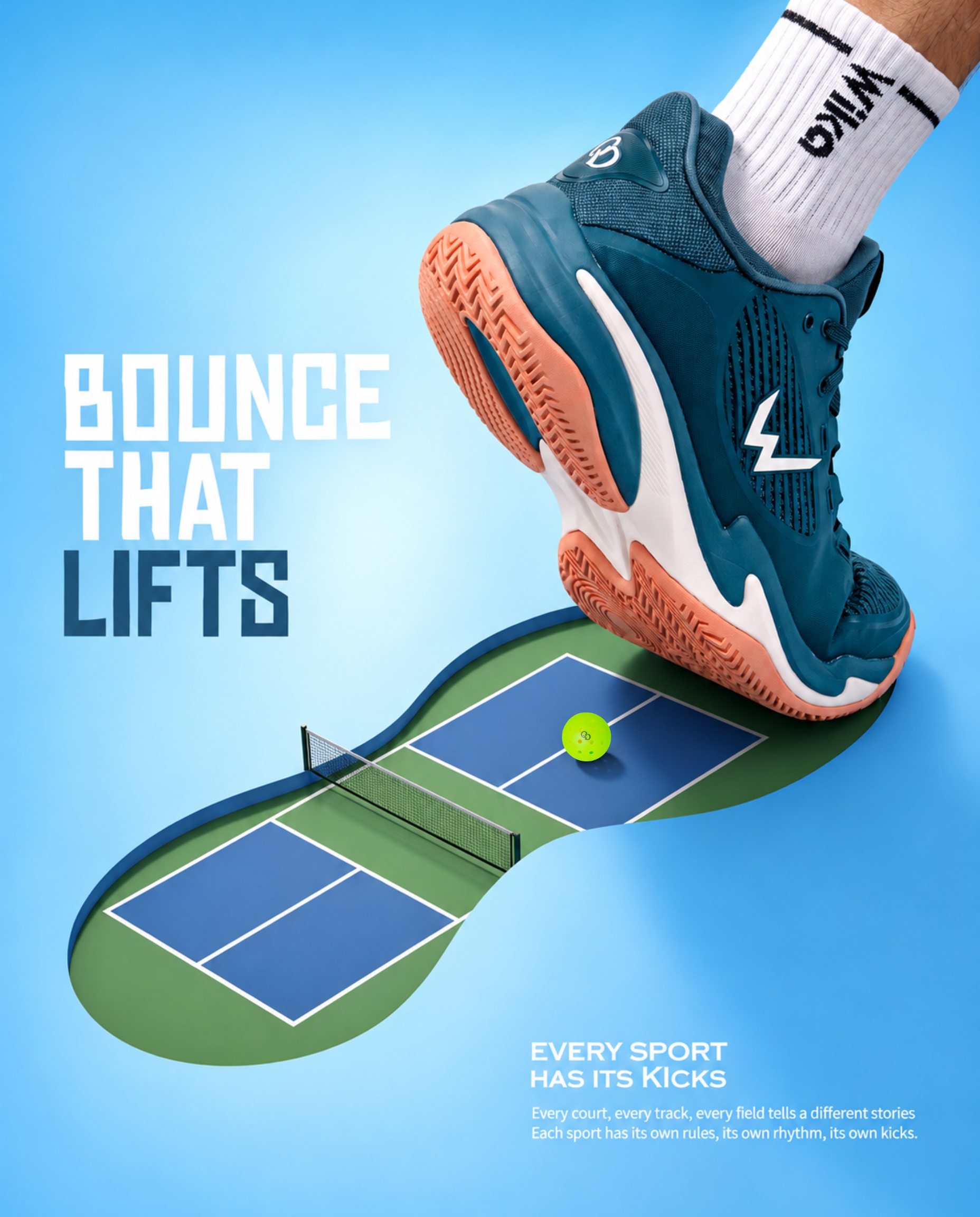 A teal court shoe with a coral outsole stepping onto a miniature pickleball court, with the words Bounce That Lifts