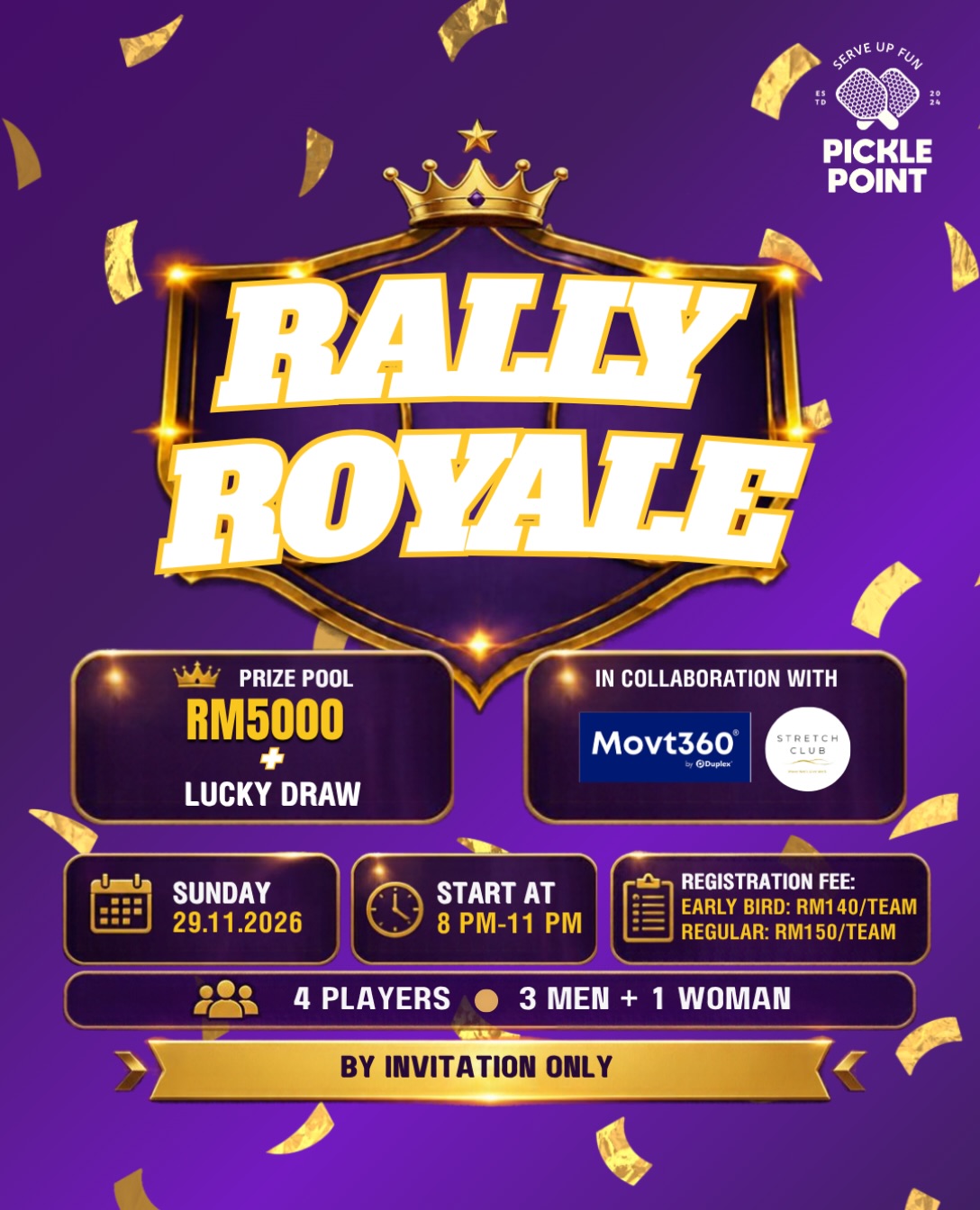 Rally Royale tournament poster with a crown and shield on a purple background