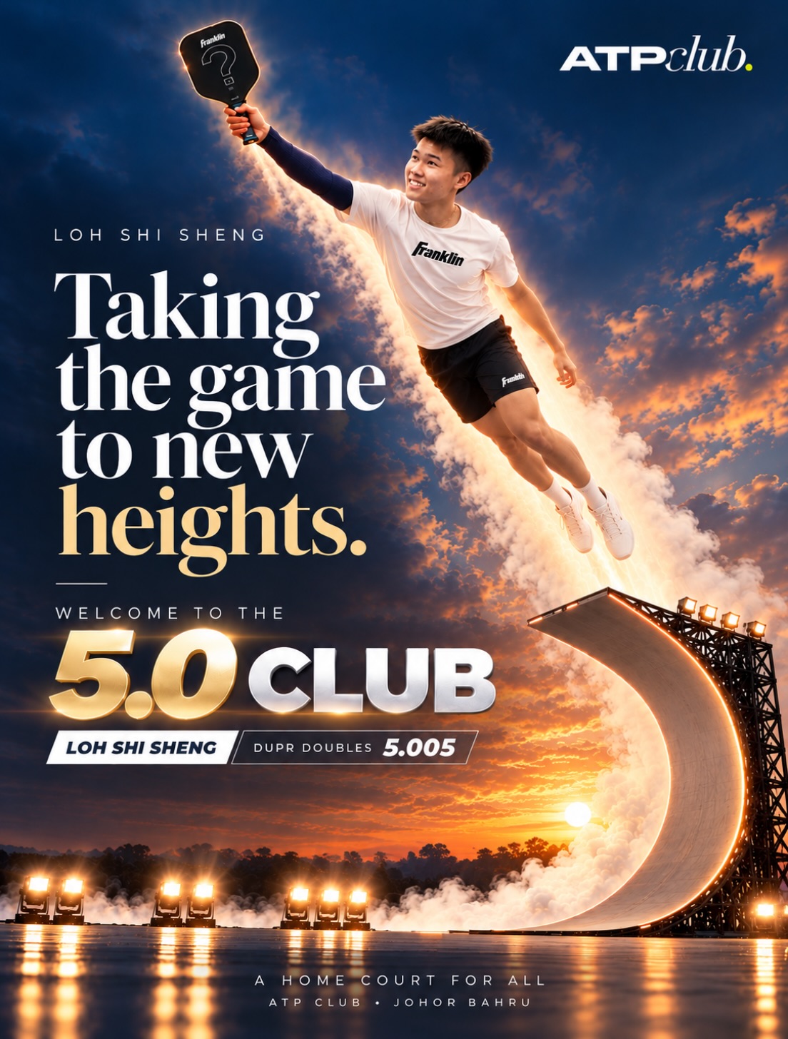Graphic of Loh Shi Sheng in a Franklin shirt leaping off a ramp, with the text Welcome to the 5.0 Club, DUPR Doubles 5.005