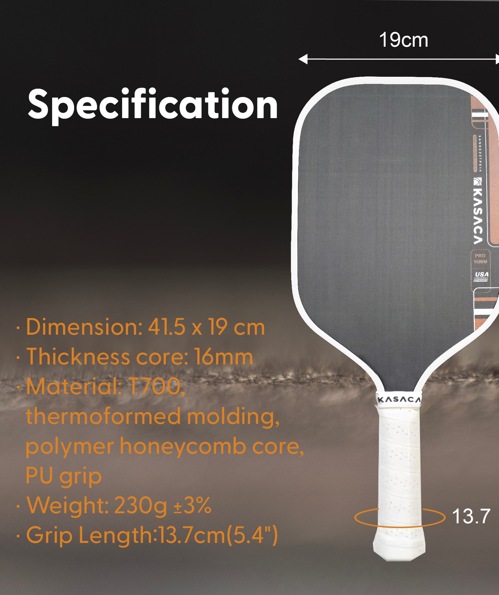 KASACA ProMax specification sheet: 41.5 x 19 cm, 16mm core, T700 thermoformed molding, polymer honeycomb core, 230g