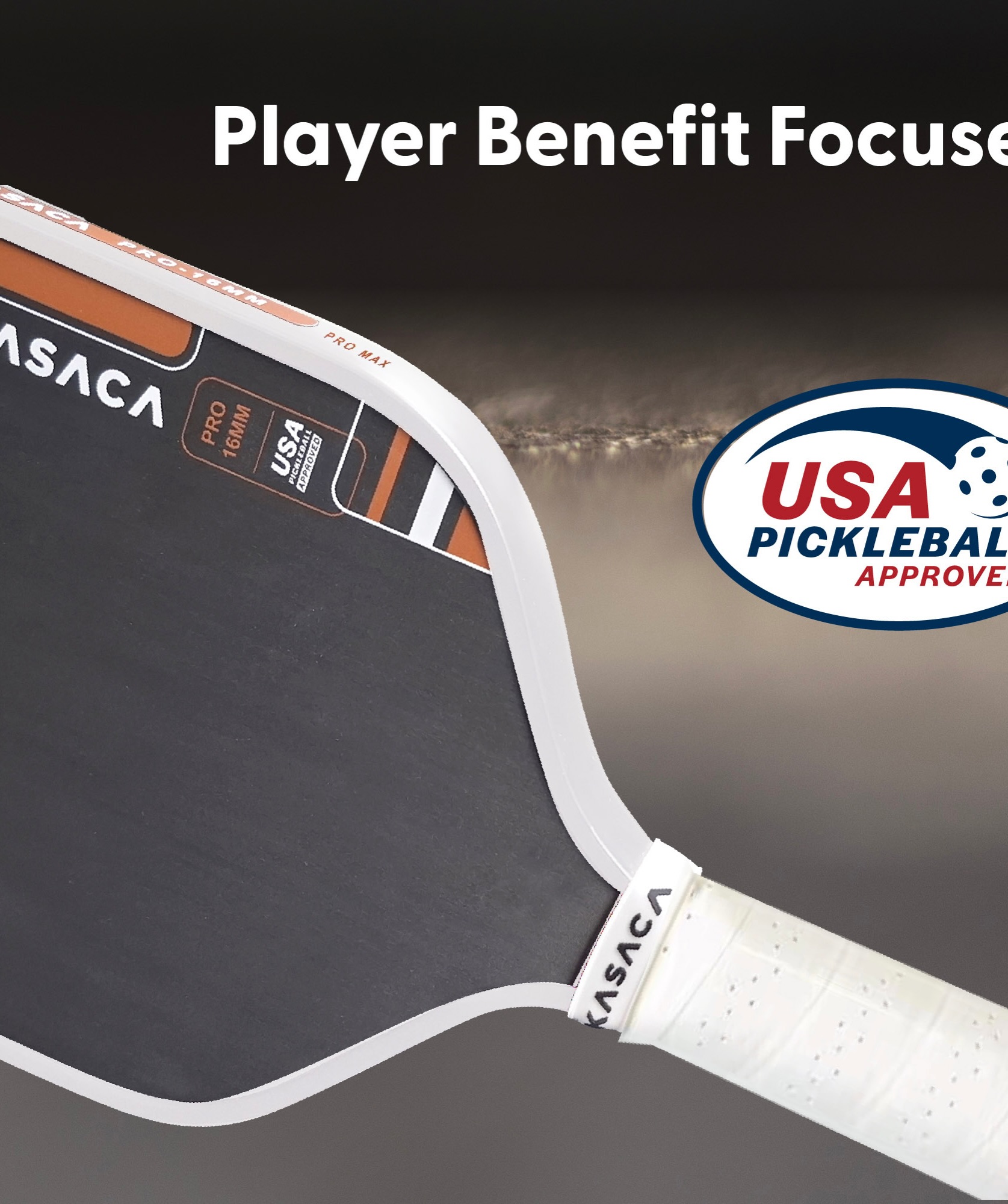 Close-up of the KASACA ProMax with the USA Pickleball Approved logo